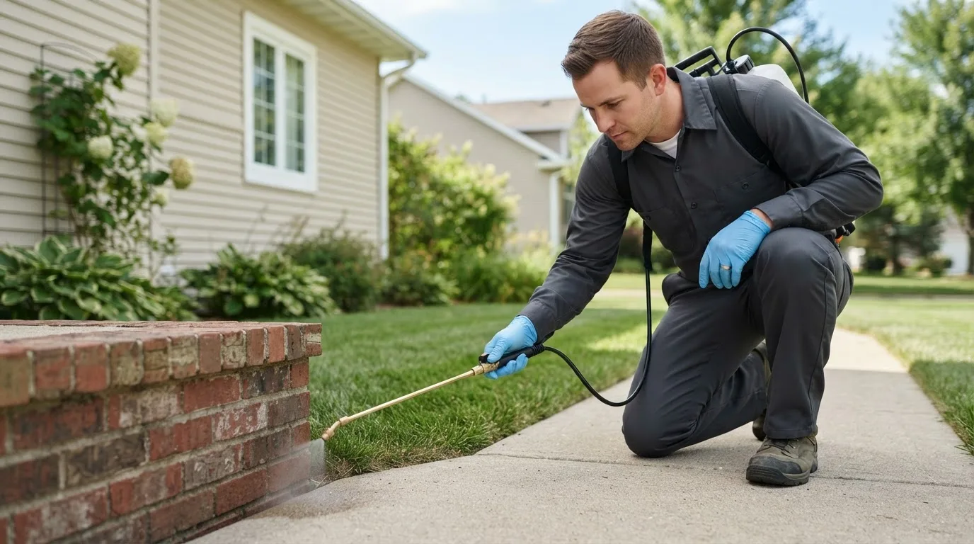 Pest control technician treating a home near Elkland, PA